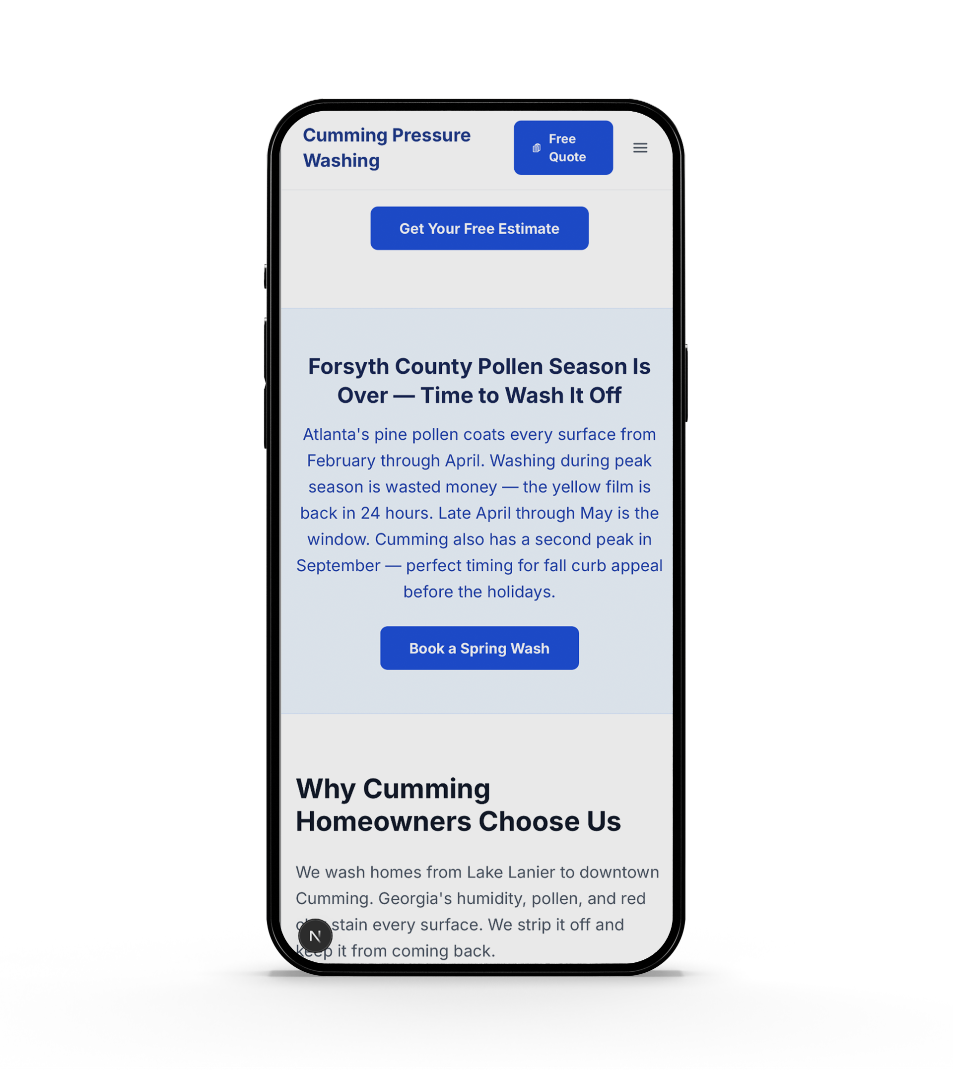 Pollen callout + "Why Choose Us" section — mobile
